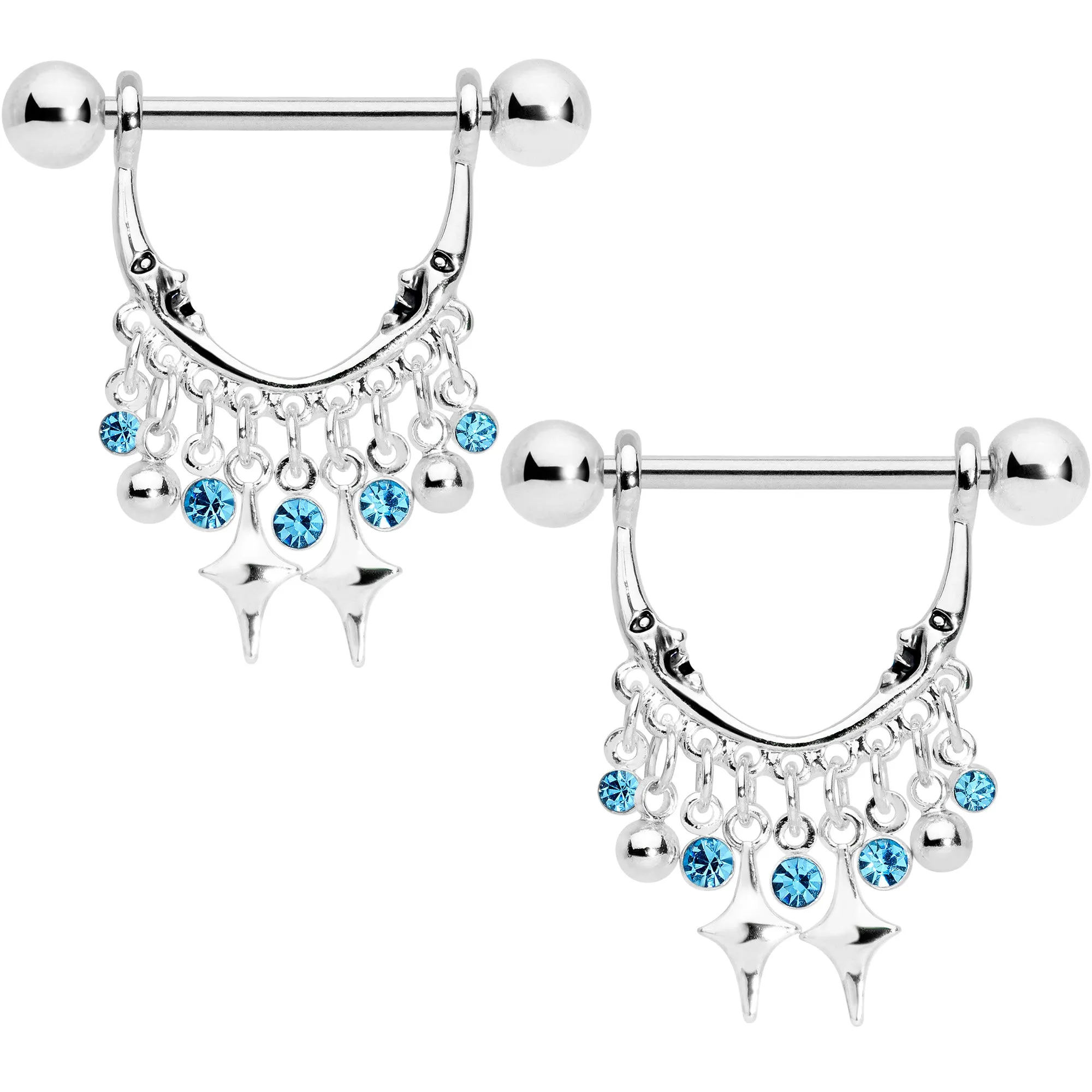 14 Gauge 5/8 Aqua Gem Moons Dangle Nipple Ring Set
