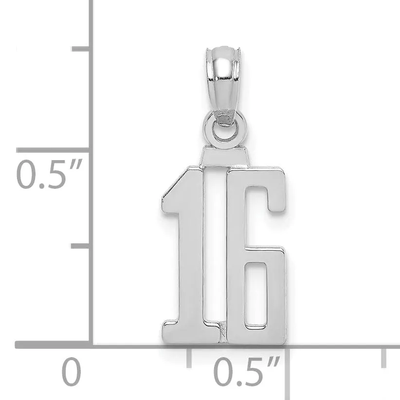 14K White Gold Polished Finished Block Script Design Number 16 Charm Pendant