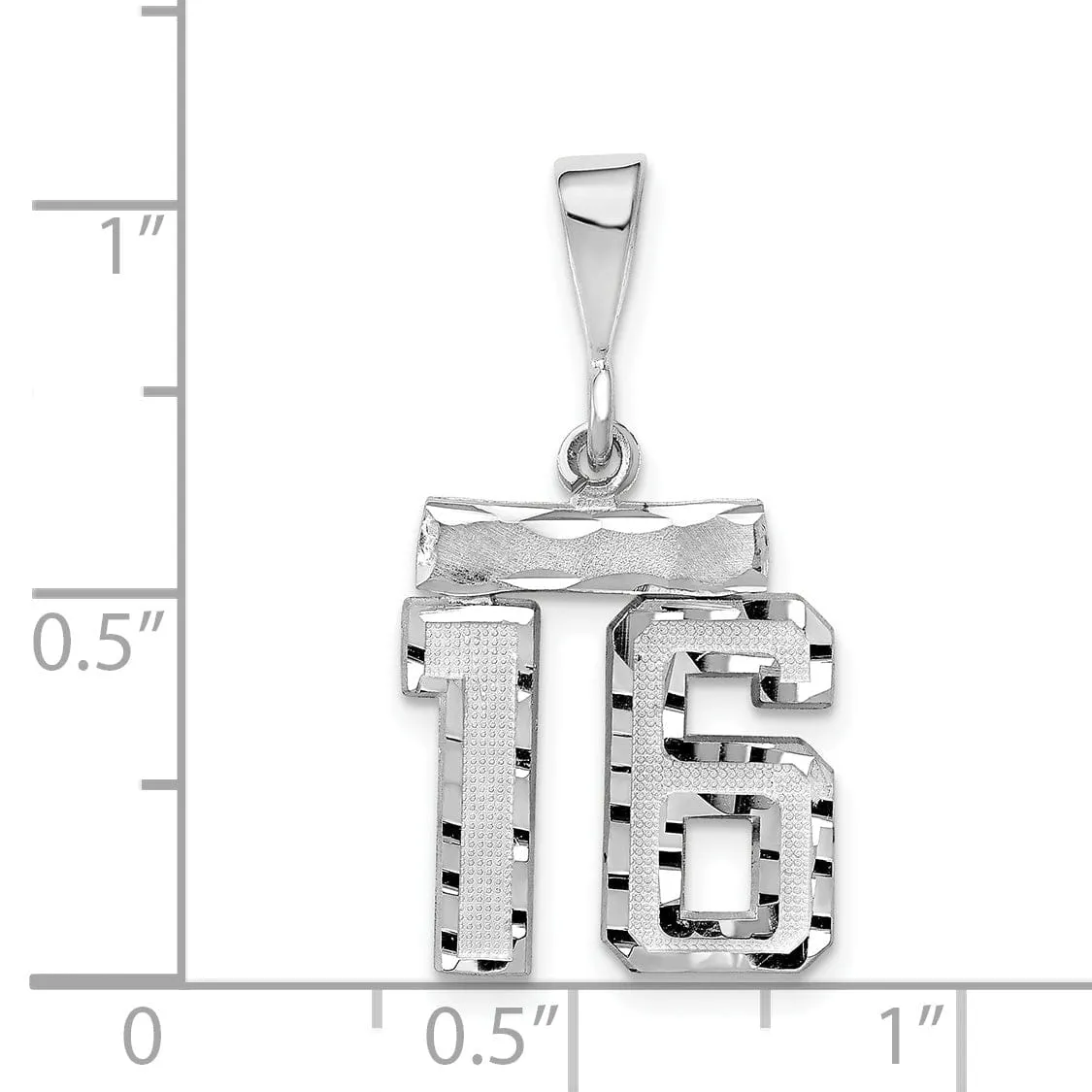 14k White Gold Small Size Diamond Cut Texture Finish Number 16 Charm Pendant