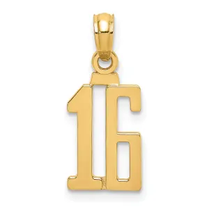14K Yellow Gold Polished Finished Block Script Design Number 16 Charm Pendant