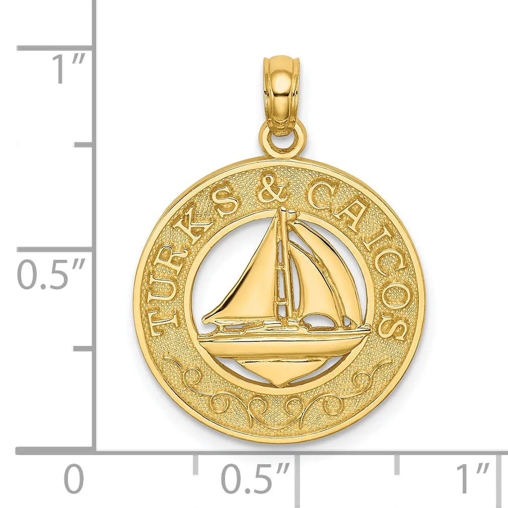 14K Yellow Gold Polished Textured Finish TURKS & CAICOS Circle Design with SailBoat Charm Pendant