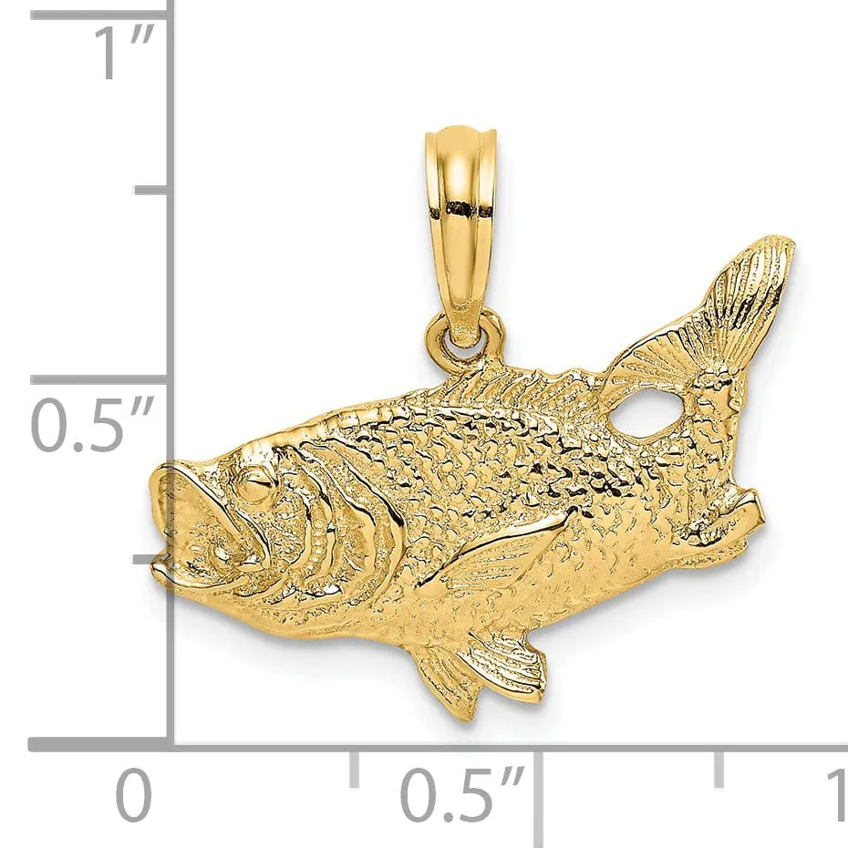 14K Yellow Gold Textured Polished Finish 2-Dimensional Bass Fish with Tail Up Design Charm Pendant