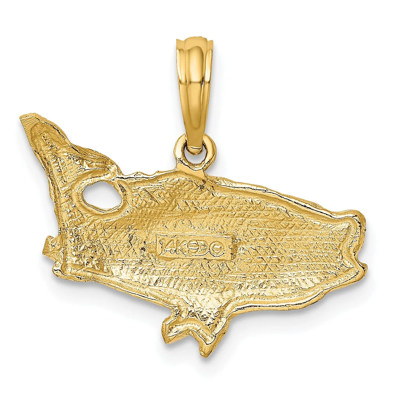 14K Yellow Gold Textured Polished Finish 2-Dimensional Bass Fish with Tail Up Design Charm Pendant