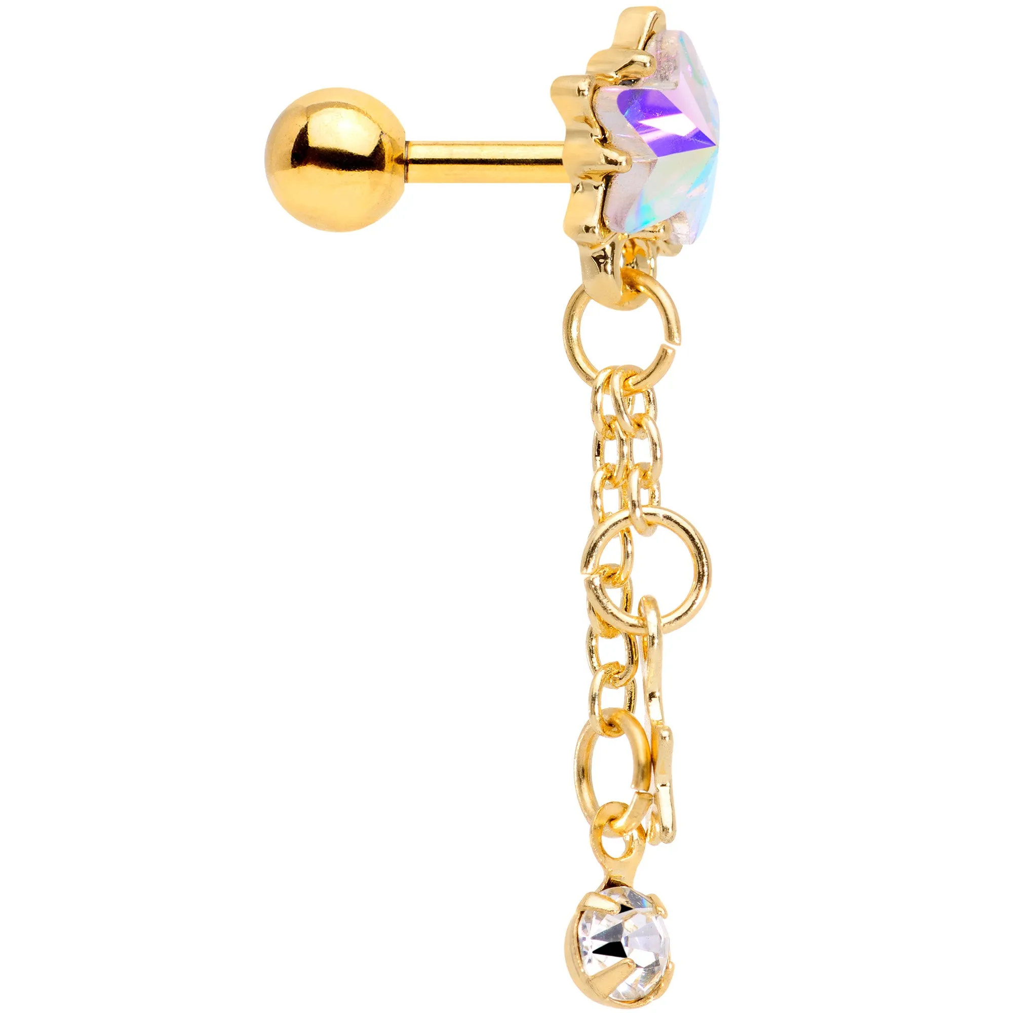 16 Gauge 1/4 Aurora Clear Gem Gold Tone Star Dangle Cartilage