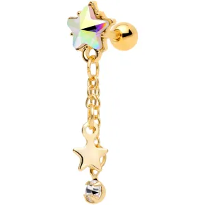 16 Gauge 1/4 Aurora Clear Gem Gold Tone Star Dangle Cartilage