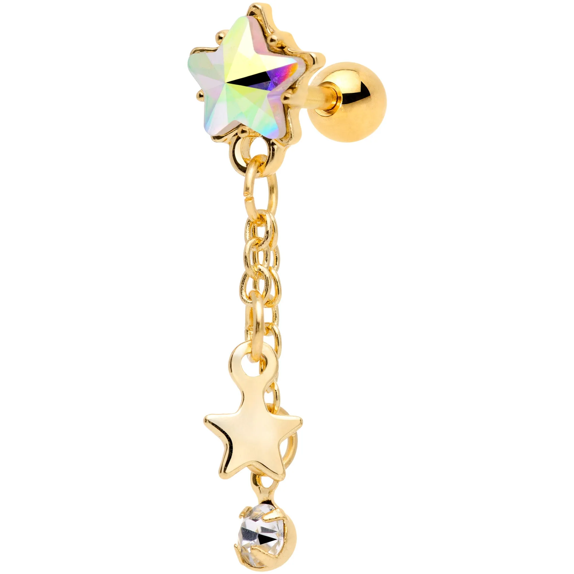 16 Gauge 1/4 Aurora Clear Gem Gold Tone Star Dangle Cartilage
