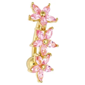 16 Gauge Solid 14kt Yellow Gold Pink Reverse Cubic Zirconia Lily Drop Belly Ring