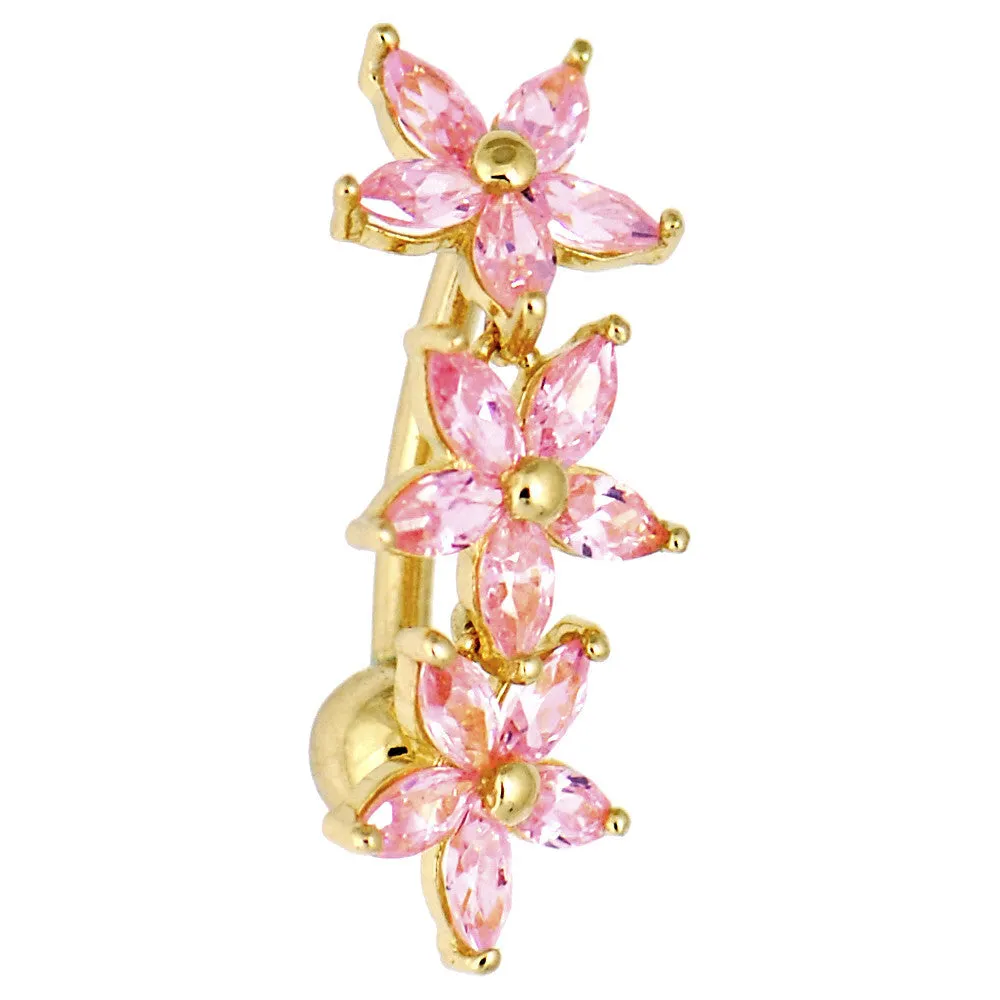 16 Gauge Solid 14kt Yellow Gold Pink Reverse Cubic Zirconia Lily Drop Belly Ring