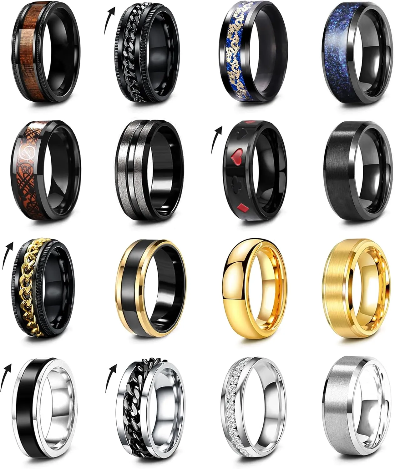 16Pcs Stainless Steel Band Rings for Men Women Stress Anxiety Relief Fidget Rings Black Cool Chain Spinner Rings Set for Wedding Promise Mens Rings Pack