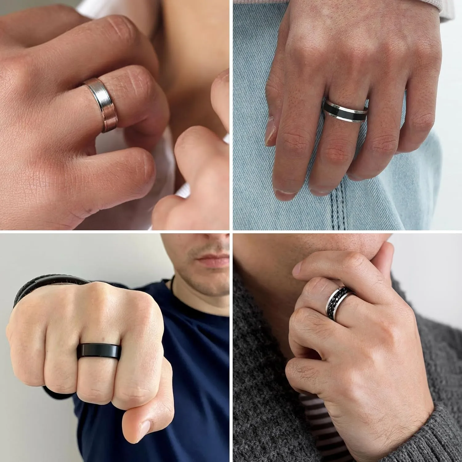 16Pcs Stainless Steel Band Rings for Men Women Stress Anxiety Relief Fidget Rings Black Cool Chain Spinner Rings Set for Wedding Promise Mens Rings Pack