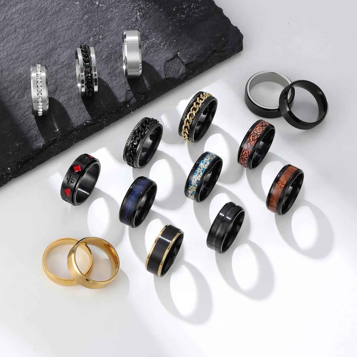 16Pcs Stainless Steel Band Rings for Men Women Stress Anxiety Relief Fidget Rings Black Cool Chain Spinner Rings Set for Wedding Promise Mens Rings Pack