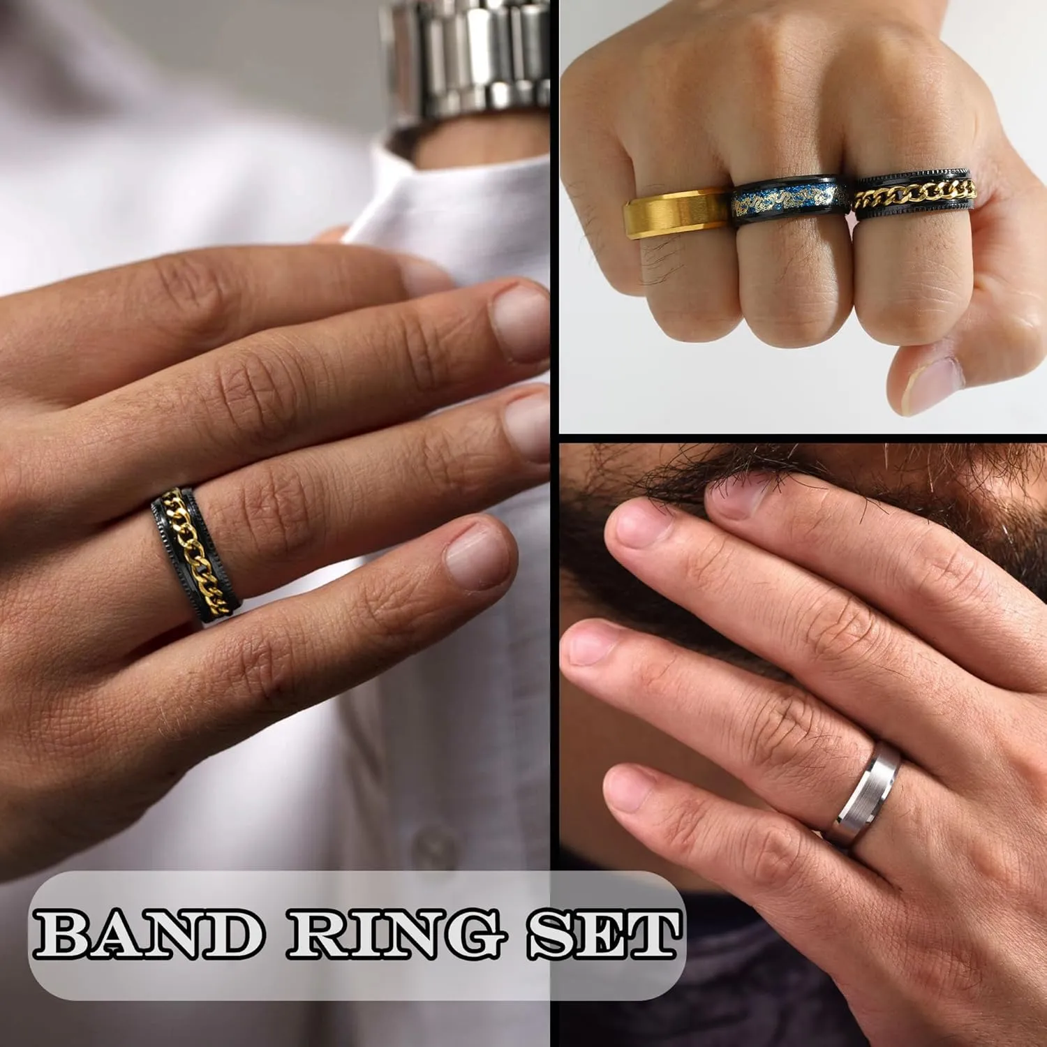16Pcs Stainless Steel Band Rings for Men Women Stress Anxiety Relief Fidget Rings Black Cool Chain Spinner Rings Set for Wedding Promise Mens Rings Pack