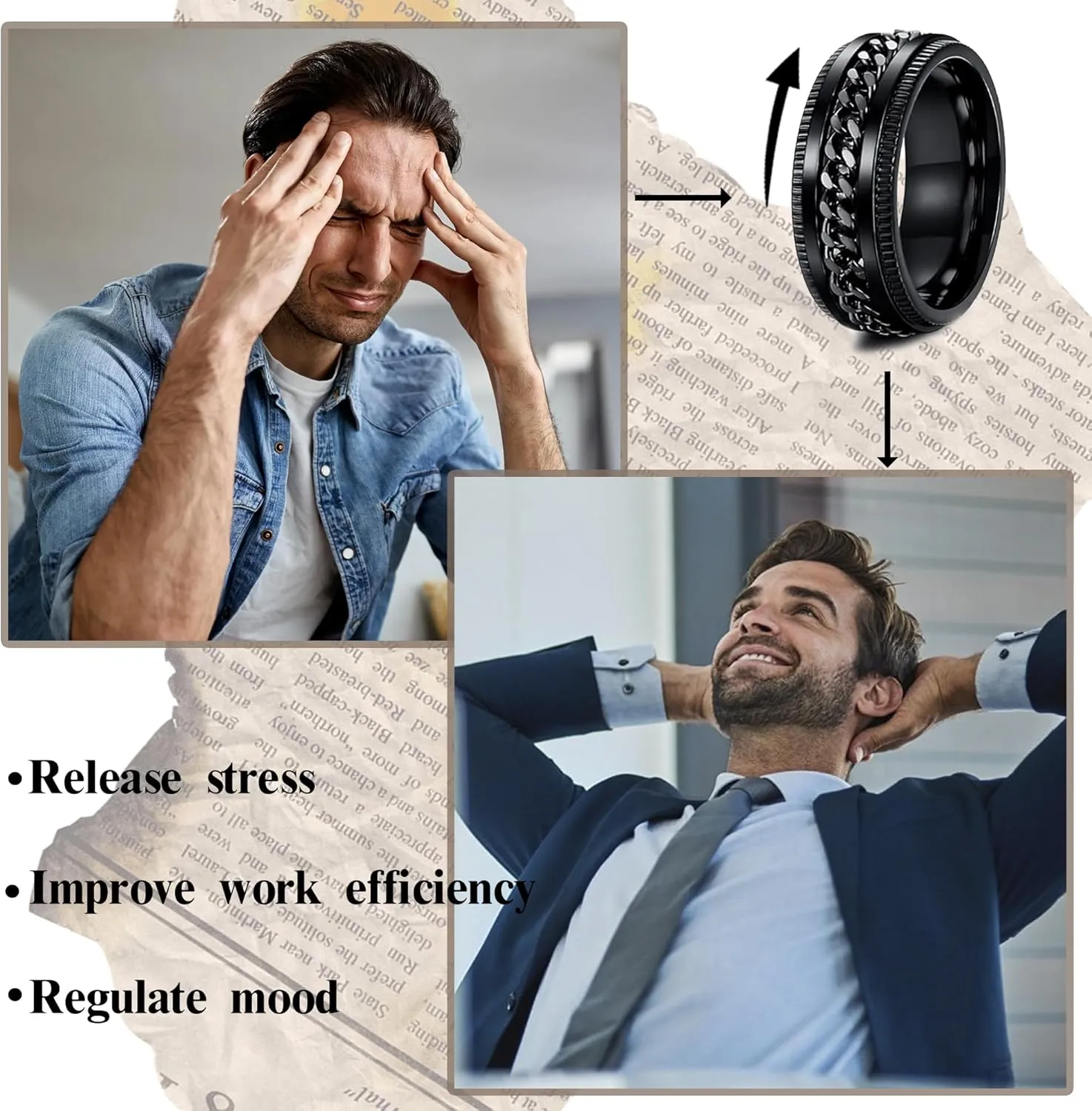 16Pcs Stainless Steel Band Rings for Men Women Stress Anxiety Relief Fidget Rings Black Cool Chain Spinner Rings Set for Wedding Promise Mens Rings Pack