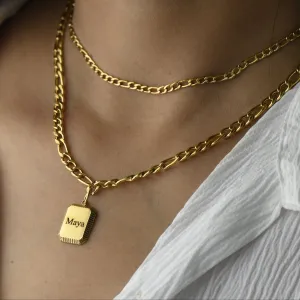 18K Gold-Filled Personalized Name Necklace - Custom Necklace - Engraved Necklace - Rectangle Pendant Double Layer Necklace - Handmade Figaro Link Necklace