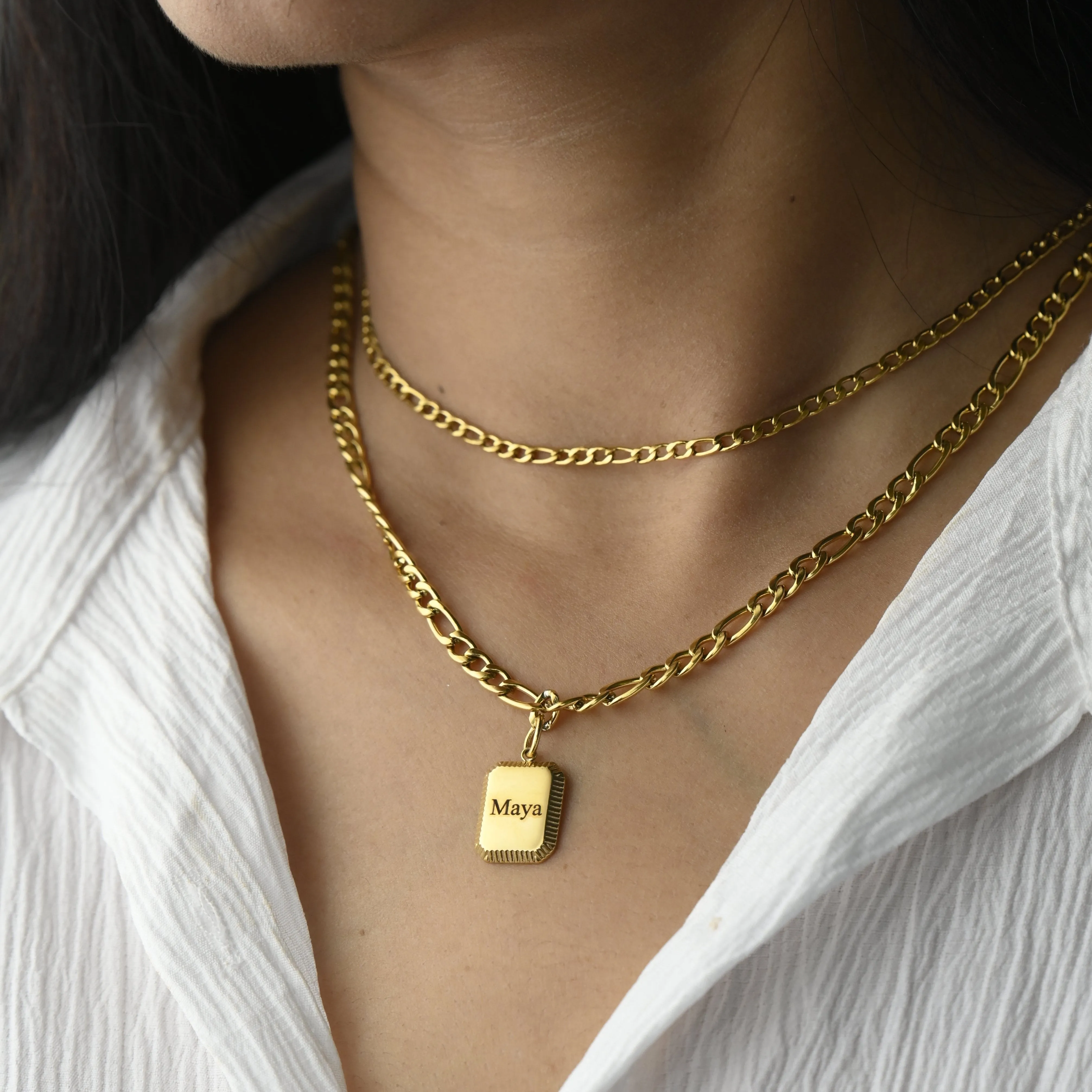 18K Gold-Filled Personalized Name Necklace - Custom Necklace - Engraved Necklace - Rectangle Pendant Double Layer Necklace - Handmade Figaro Link Necklace