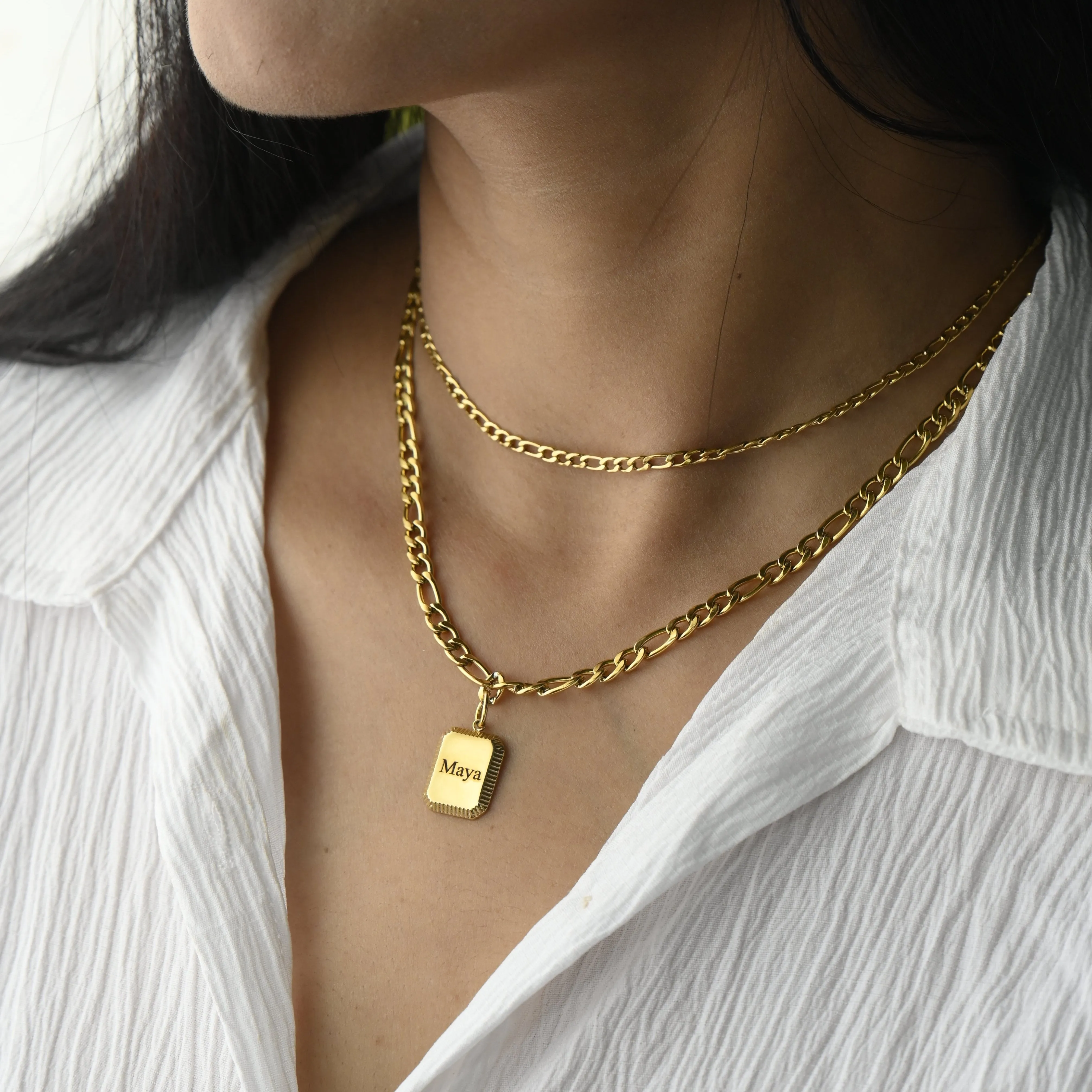 18K Gold-Filled Personalized Name Necklace - Custom Necklace - Engraved Necklace - Rectangle Pendant Double Layer Necklace - Handmade Figaro Link Necklace