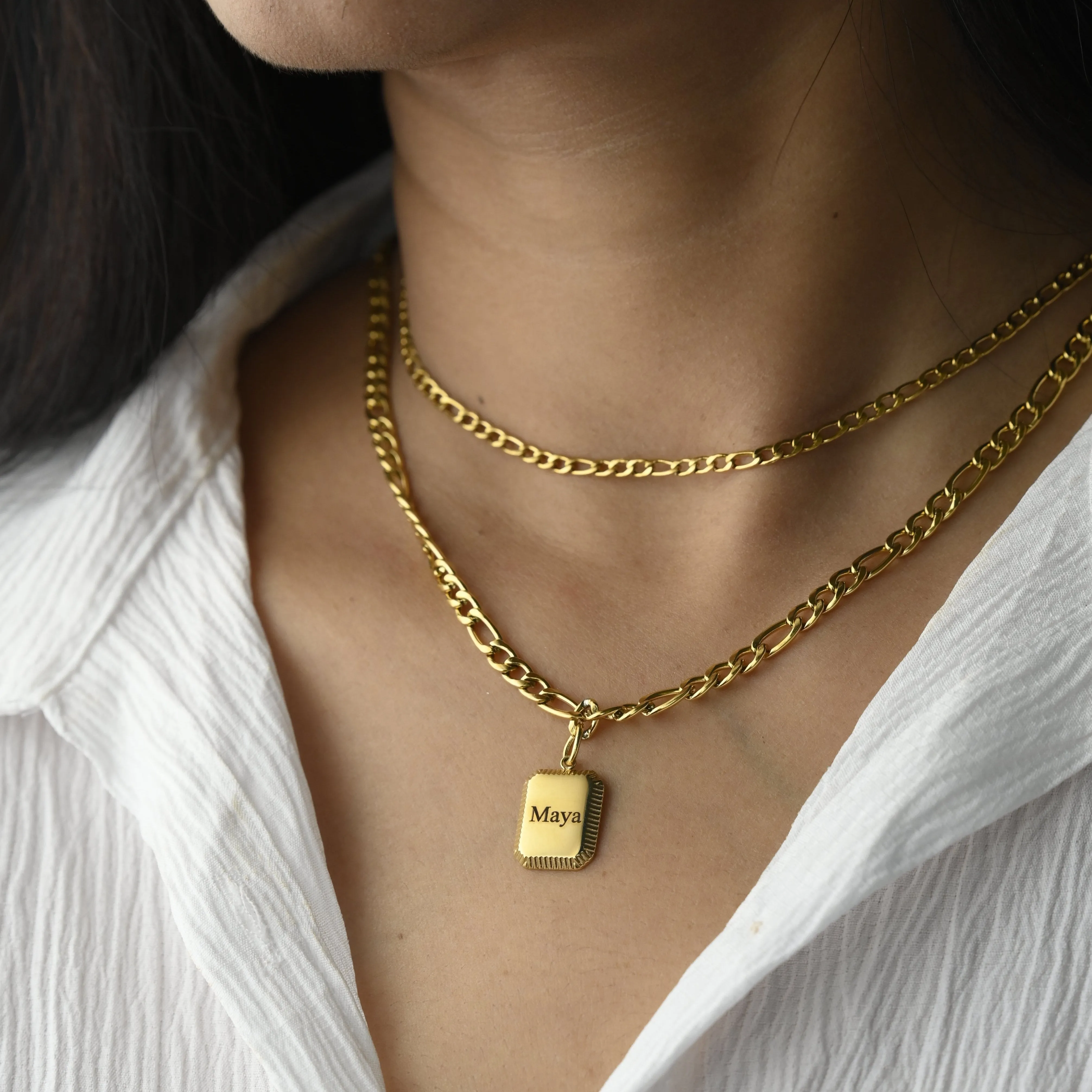 18K Gold-Filled Personalized Name Necklace - Custom Necklace - Engraved Necklace - Rectangle Pendant Double Layer Necklace - Handmade Figaro Link Necklace