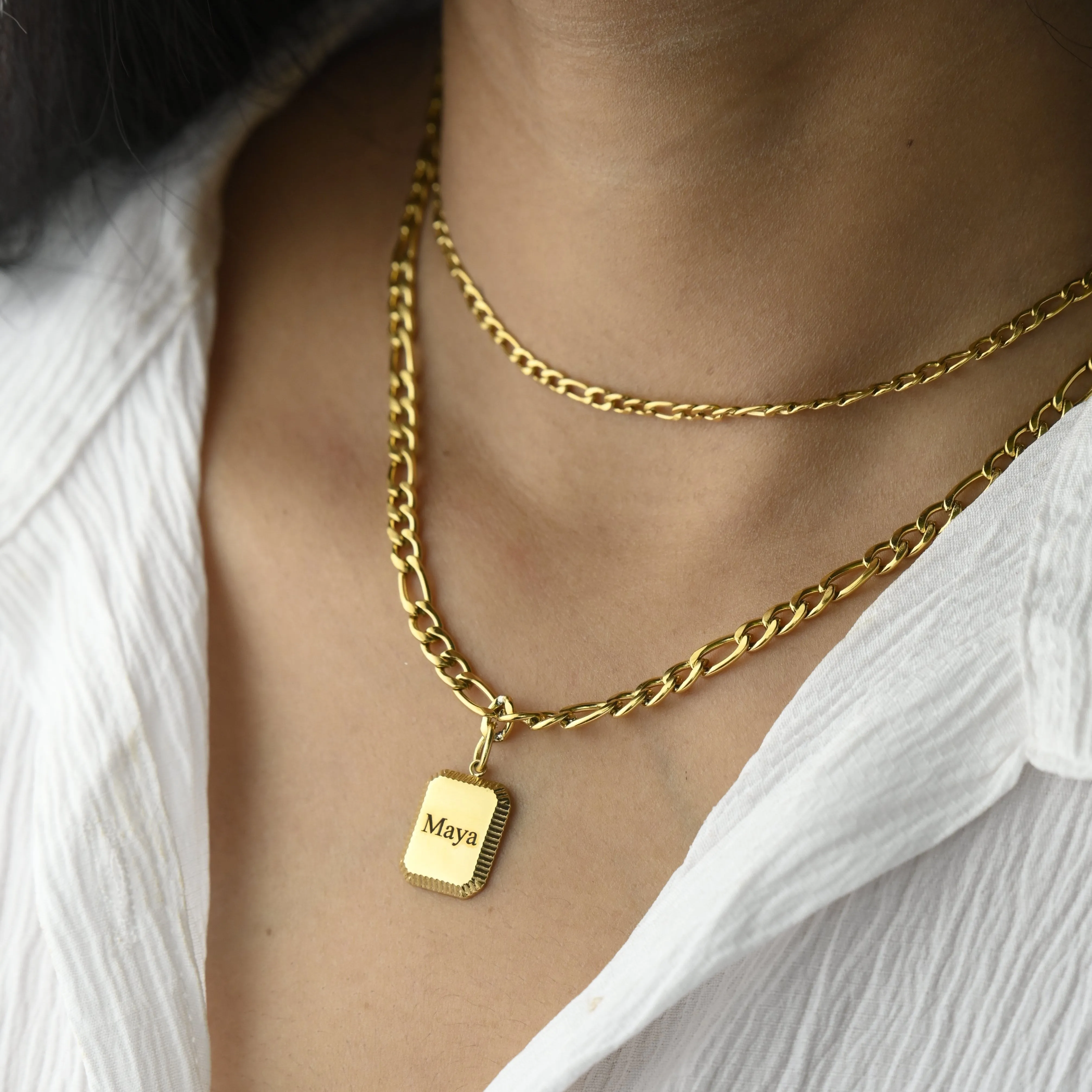 18K Gold-Filled Personalized Name Necklace - Custom Necklace - Engraved Necklace - Rectangle Pendant Double Layer Necklace - Handmade Figaro Link Necklace