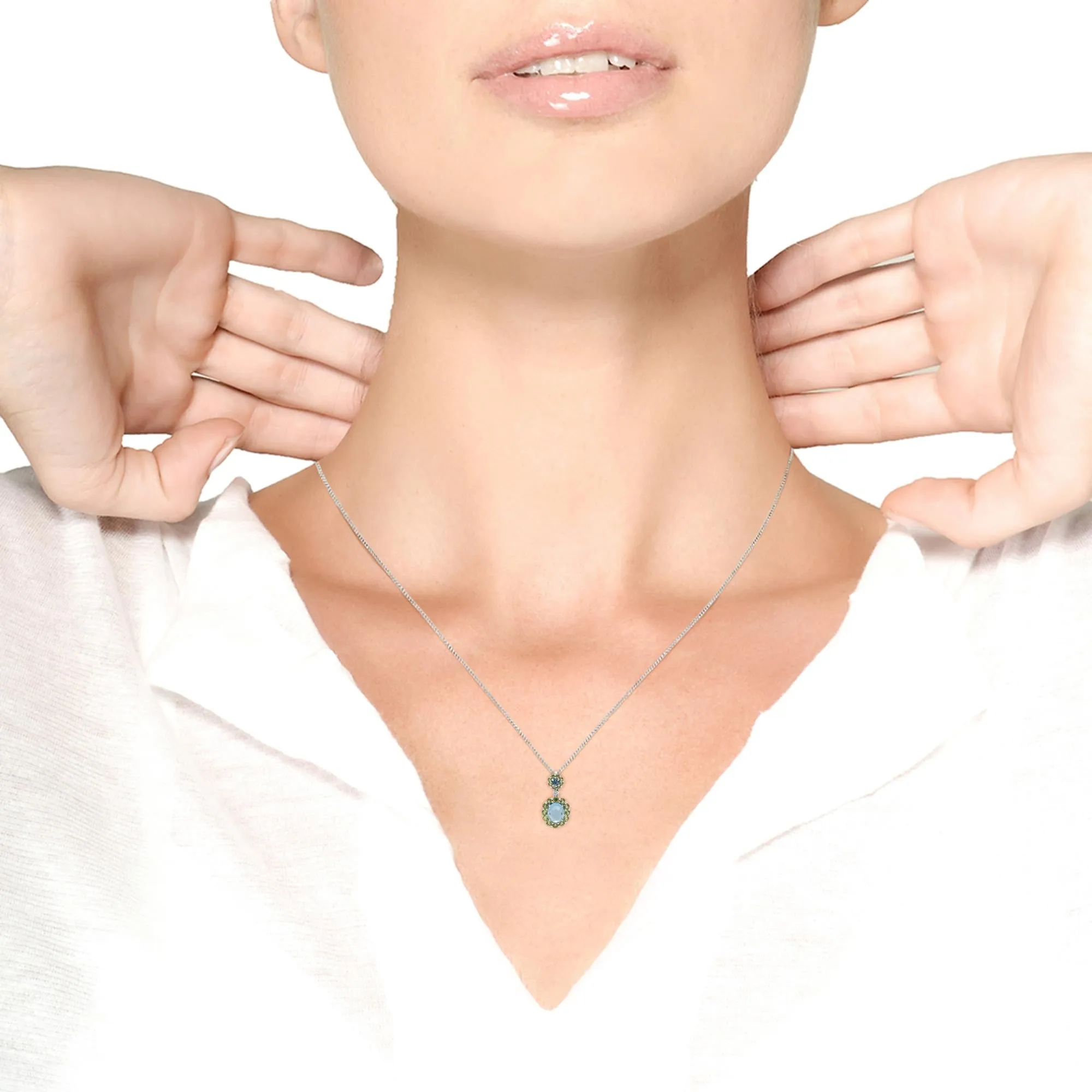18k White Gold 0.05 Cttw Round Diamond and Blue Topaz and Green