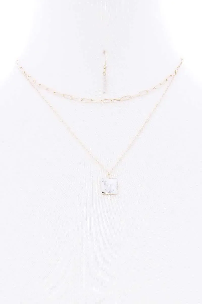 2 Layered Chain Metal Square Marbling Stone Pendant Necklace