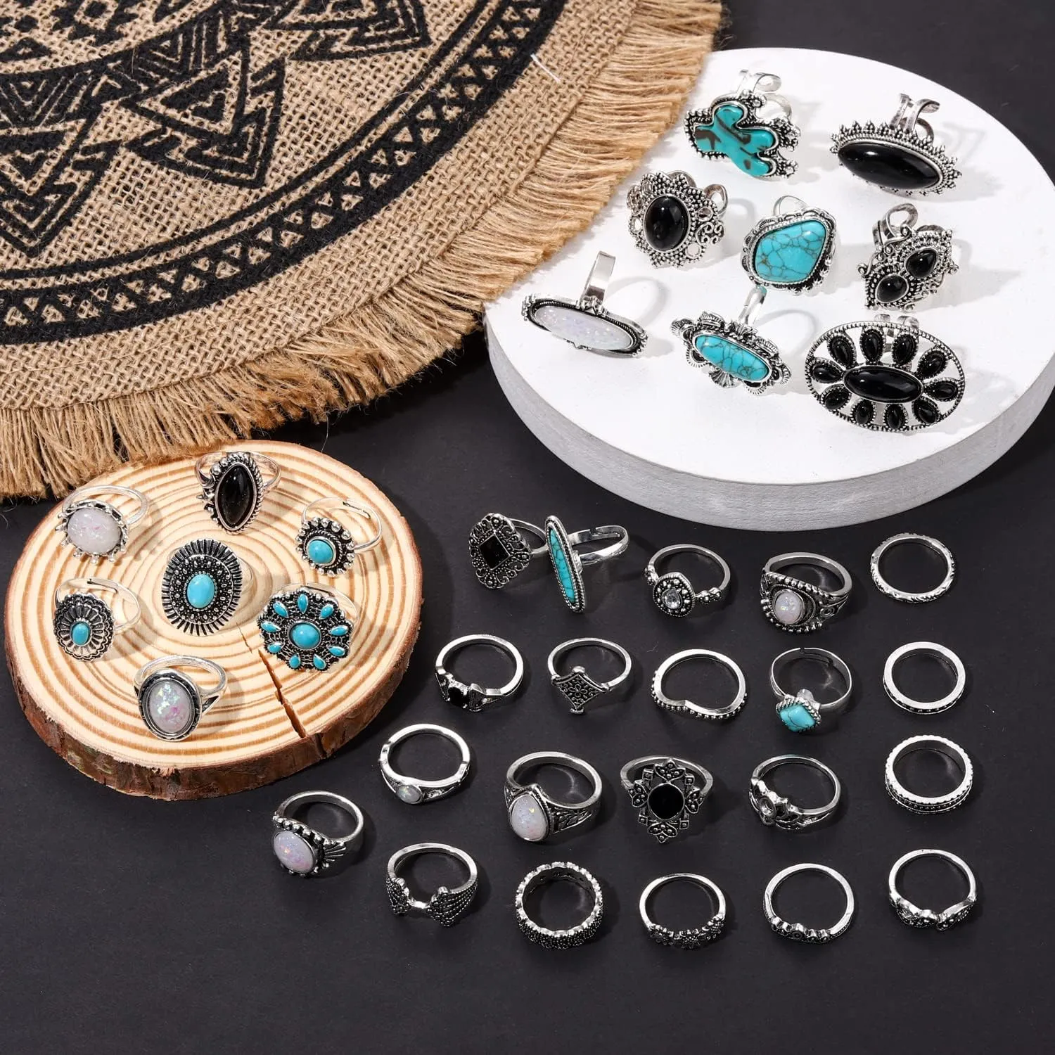 36-40 Pcs Vintage Silver Knuckle Rings for Women WesternTurquoise Rings Boho Silver Oval Gemstone Ring Joint Knuckle Rings