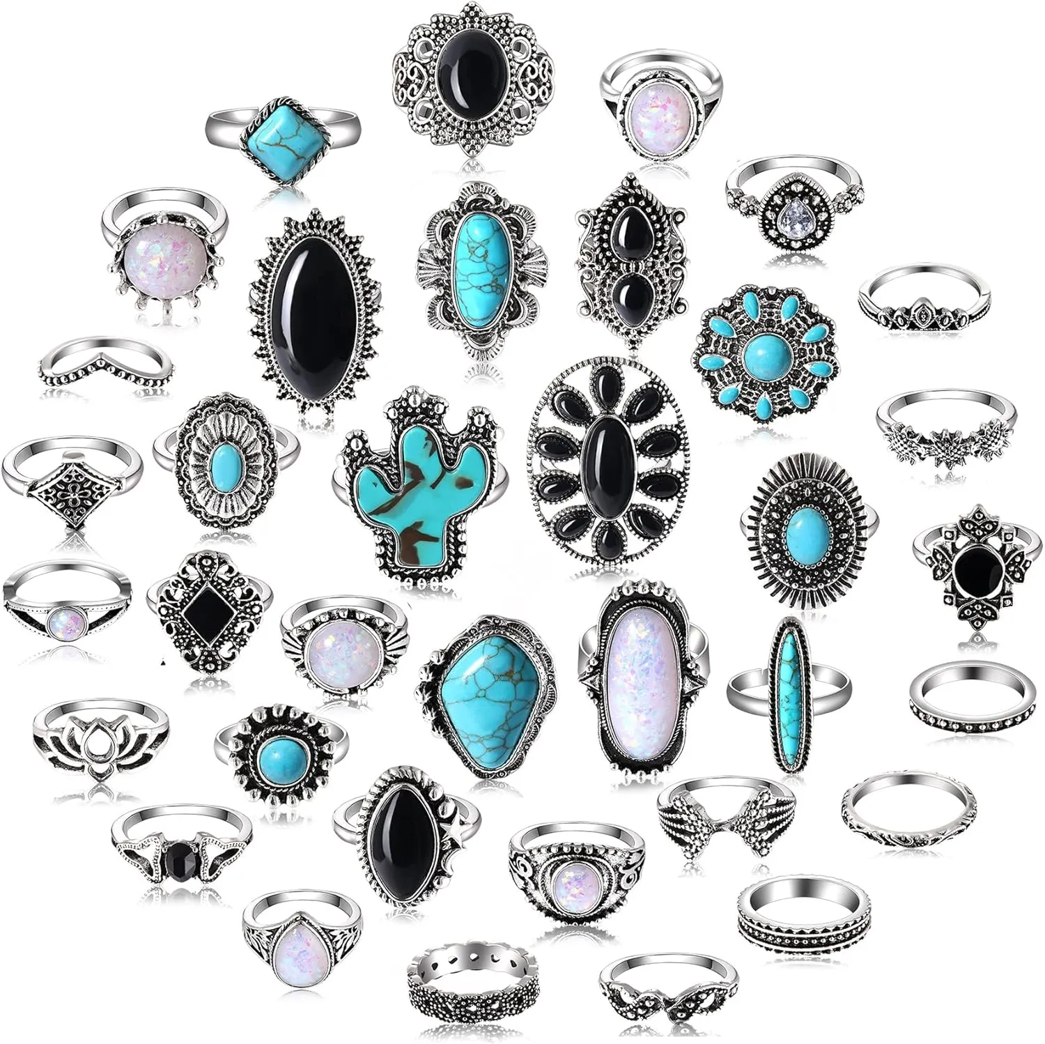 36-40 Pcs Vintage Silver Knuckle Rings for Women WesternTurquoise Rings Boho Silver Oval Gemstone Ring Joint Knuckle Rings