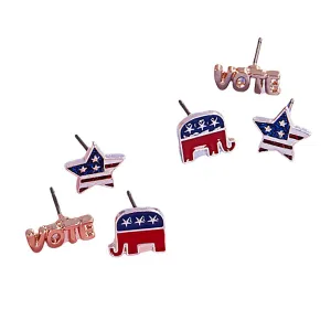 3Pairs - Enamel VOTE Republican Elephant Stud Earring Set