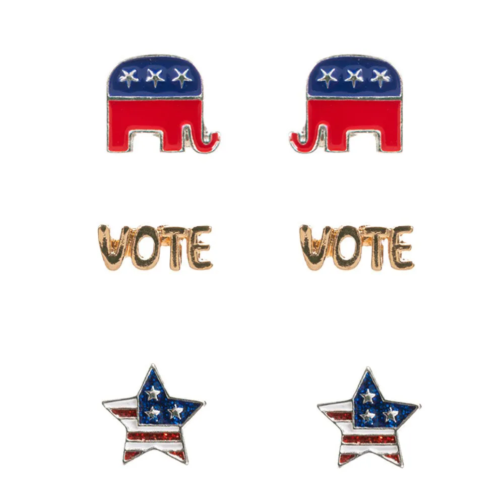 3Pairs - Enamel VOTE Republican Elephant Stud Earring Set