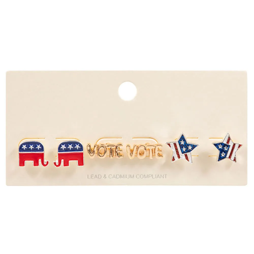 3Pairs - Enamel VOTE Republican Elephant Stud Earring Set