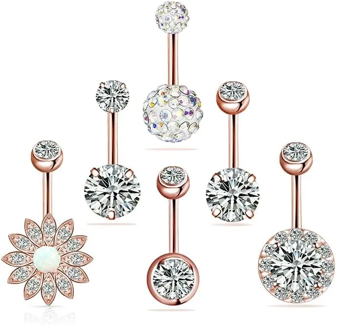 6 Pieces Belly Button Rings,14G Belly Button Piercing Ring with Surgical Steel Belly Button Rings Barbell Jewelry Rings Bulk Long Dangle Navel Ring CZ Body Piercing Jewelry