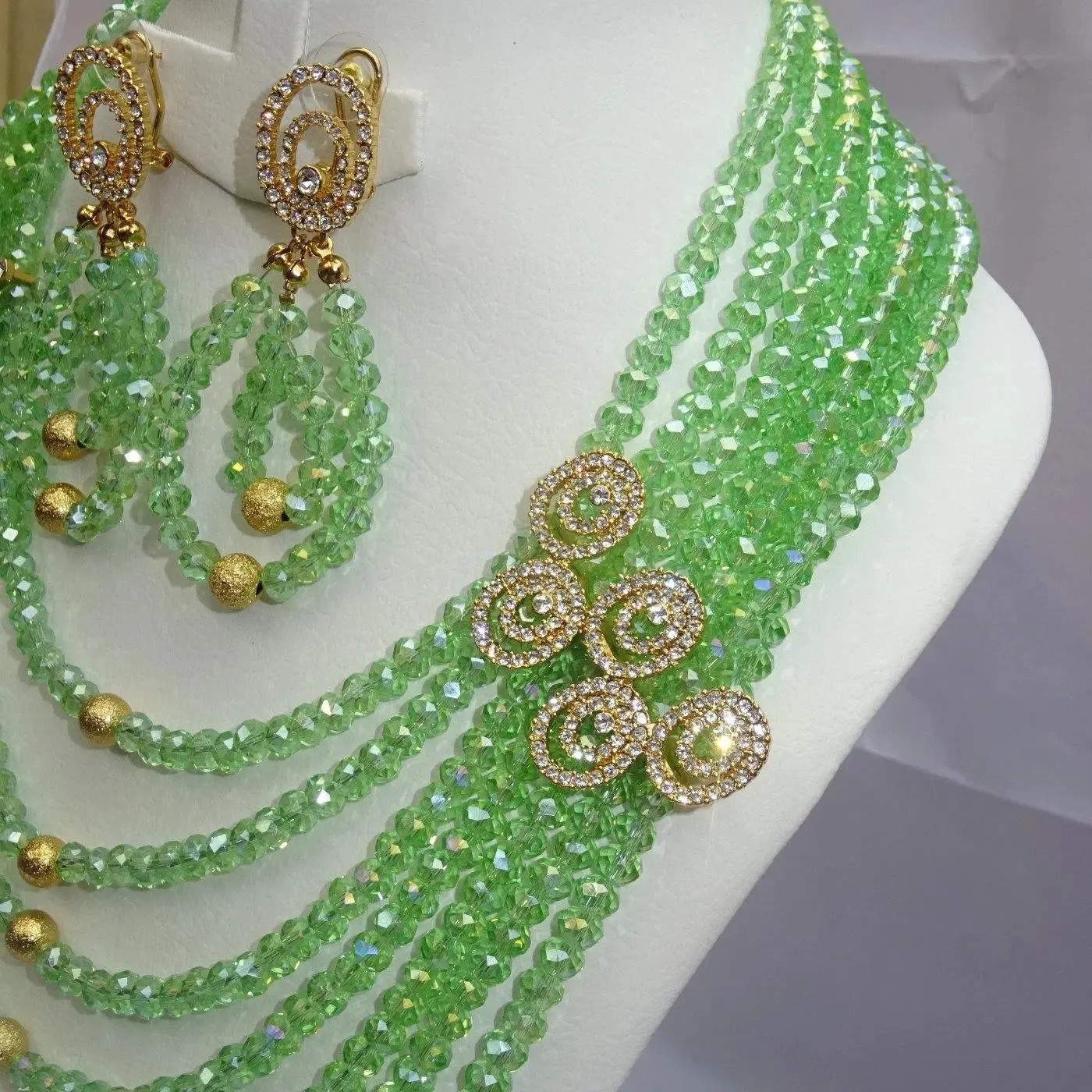 7 Layers Crystal Green Exclusive African Beads Dubai High Quality Jewelry Set