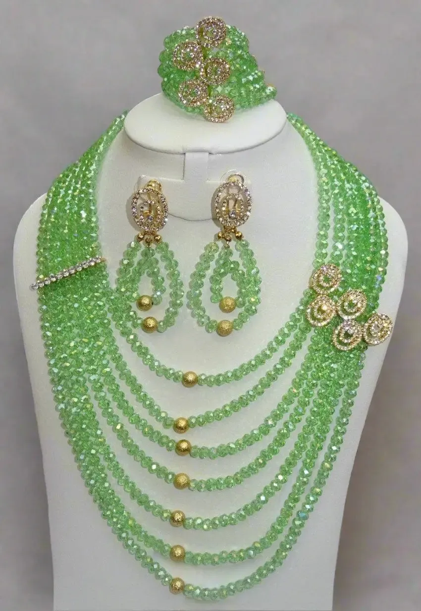 7 Layers Crystal Green Exclusive African Beads Dubai High Quality Jewelry Set