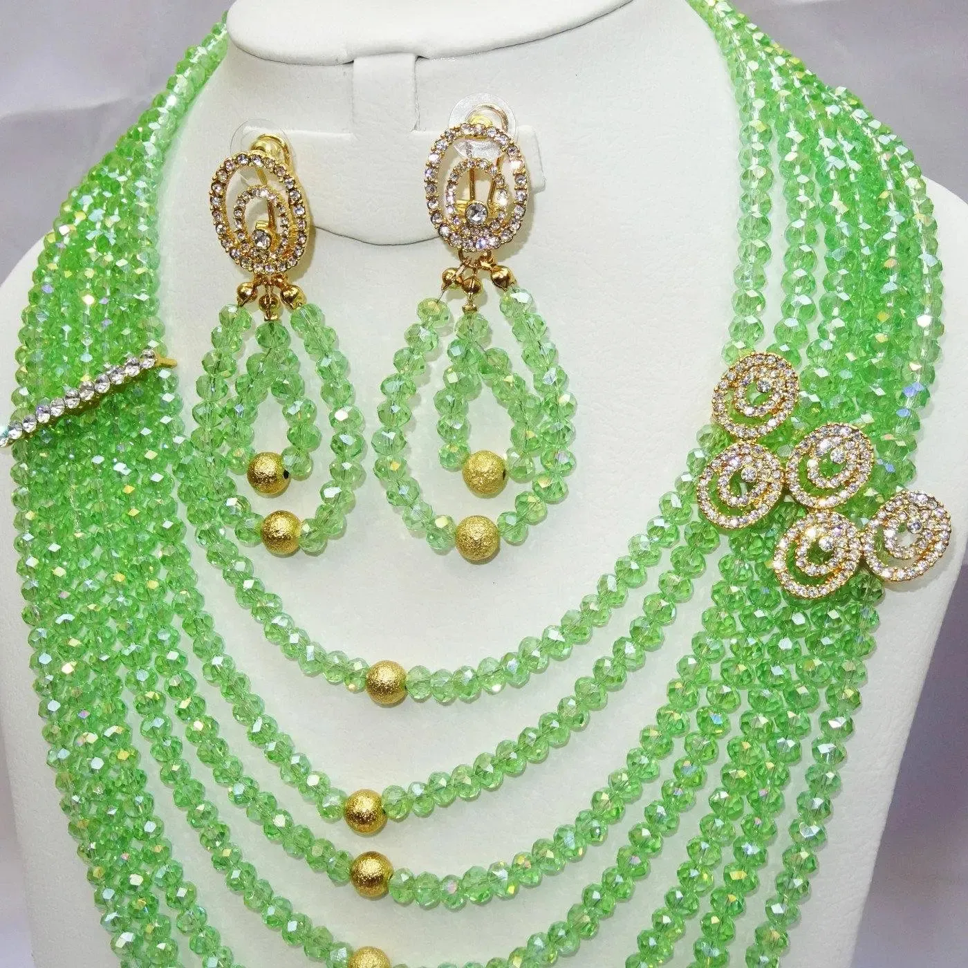 7 Layers Crystal Green Exclusive African Beads Dubai High Quality Jewelry Set