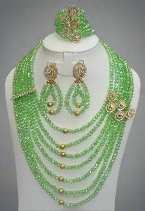 7 Layers Crystal Green Exclusive African Beads Dubai High Quality Jewelry Set