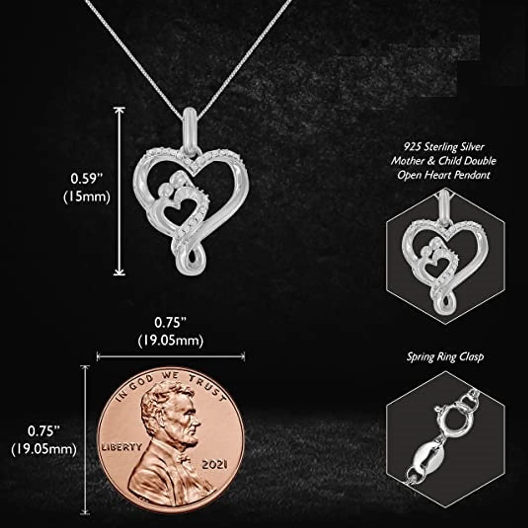 .925 Sterling Silver 1/10 cttw Diamond Mother & Child Double Open Heart 18" Pendant Necklace (I-J Color, I3 Clarity)