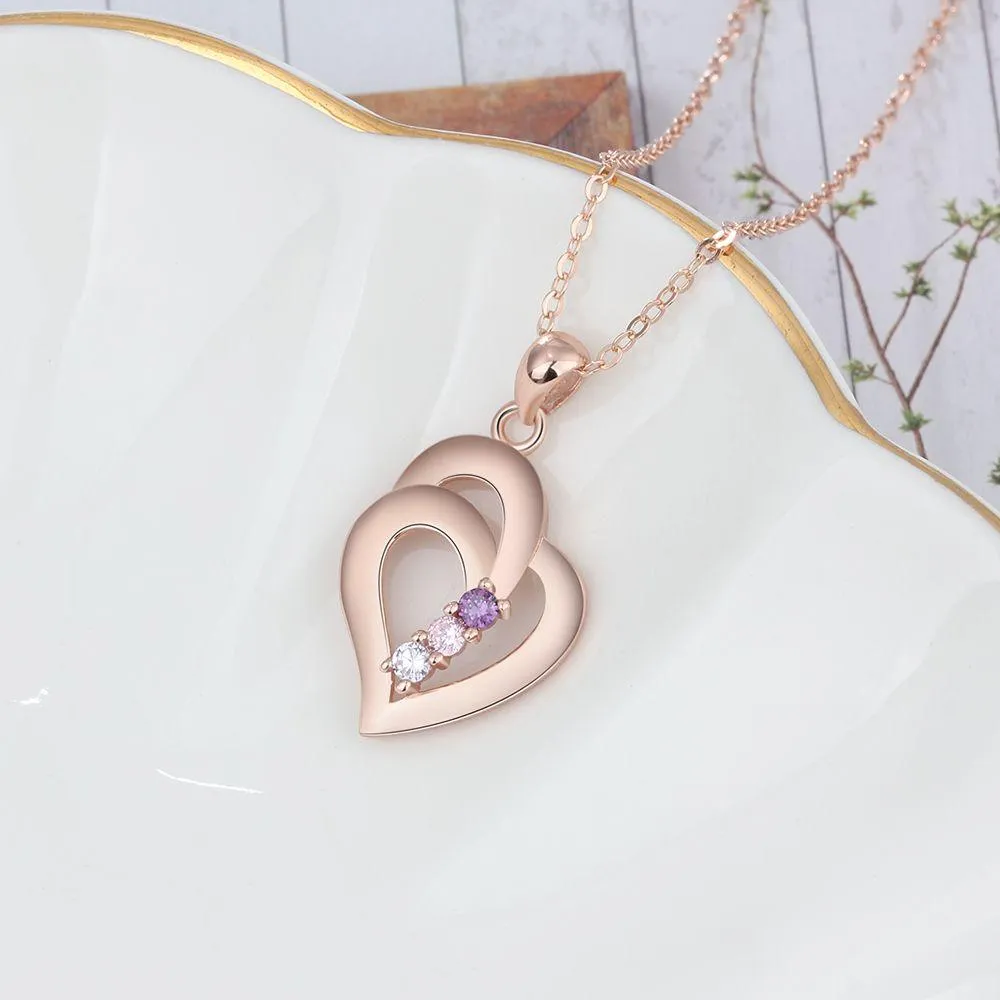 925 Sterling Silver Heart Shaped Pendant, 3 Personalized Birthstones
