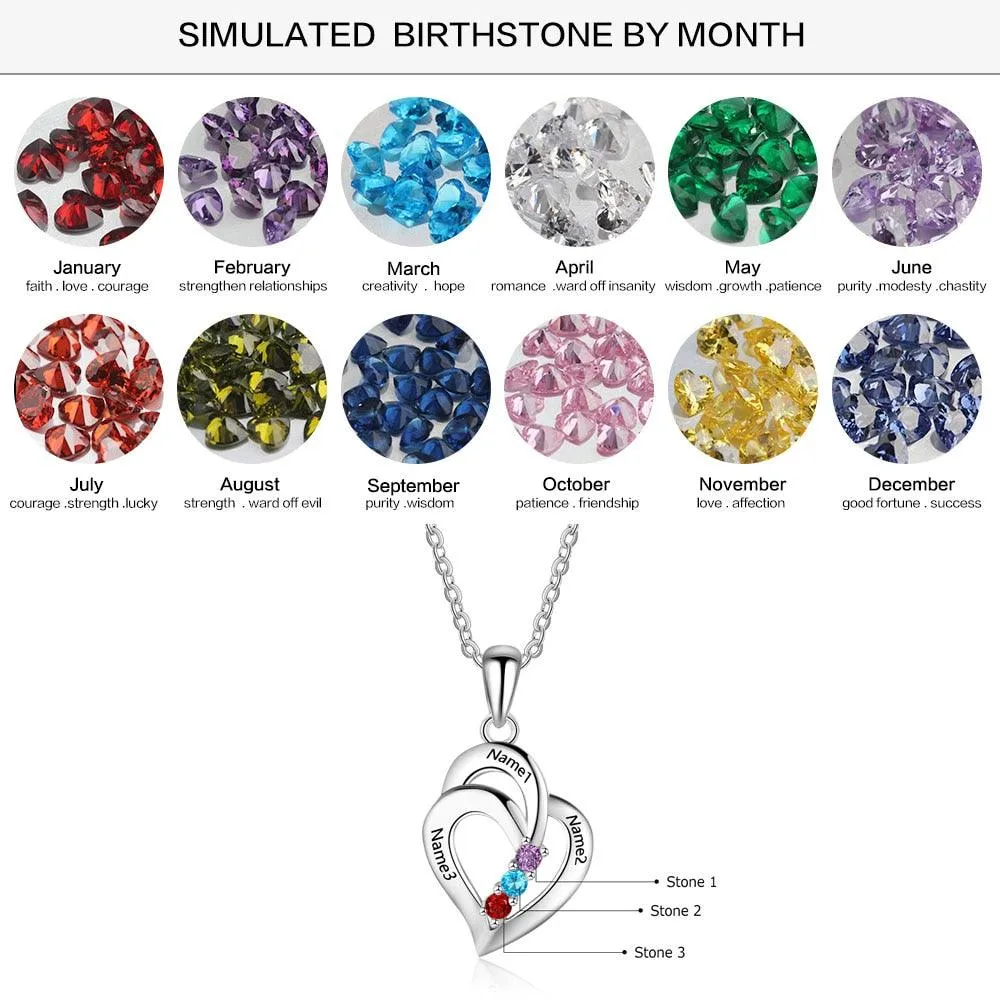 925 Sterling Silver Heart Shaped Pendant, 3 Personalized Birthstones