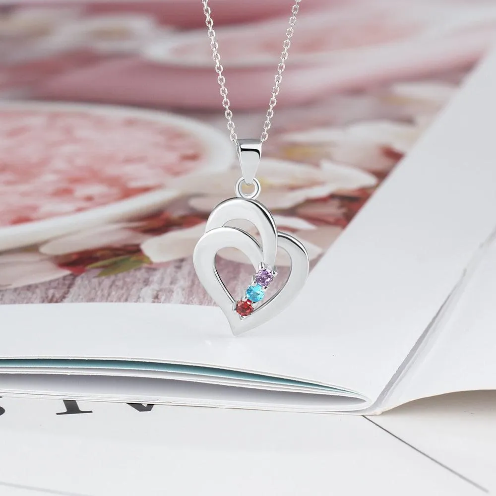 925 Sterling Silver Heart Shaped Pendant, 3 Personalized Birthstones