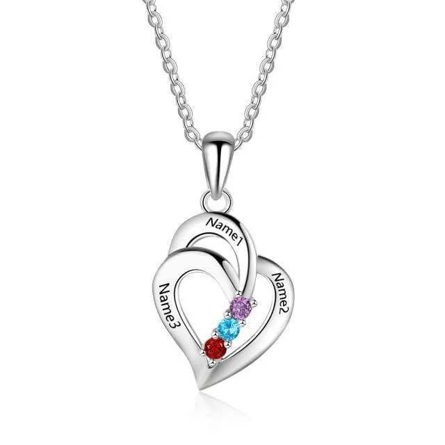 925 Sterling Silver Heart Shaped Pendant, 3 Personalized Birthstones