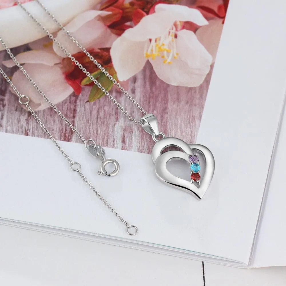 925 Sterling Silver Heart Shaped Pendant, 3 Personalized Birthstones