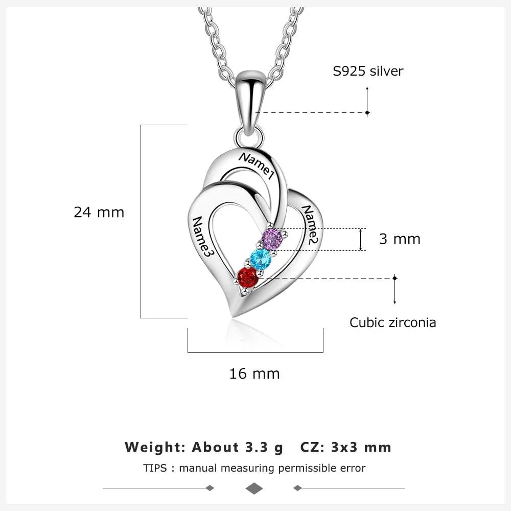 925 Sterling Silver Heart Shaped Pendant, 3 Personalized Birthstones