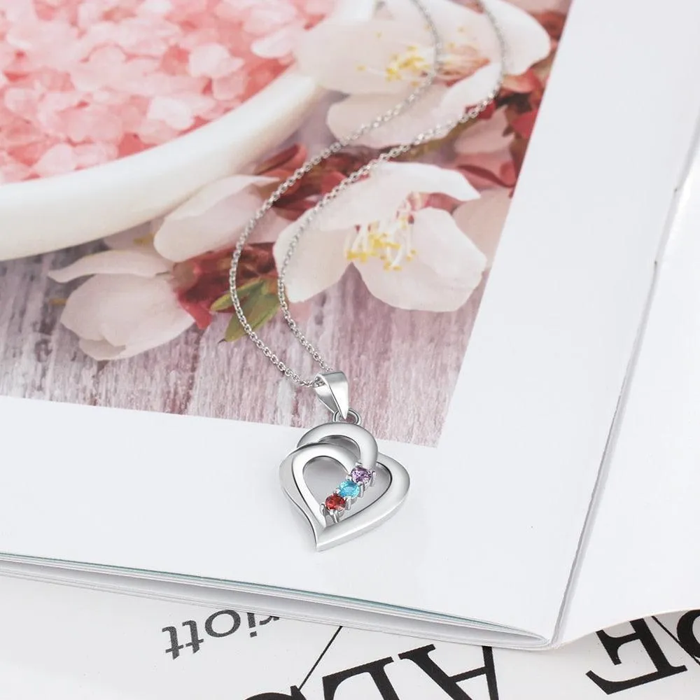 925 Sterling Silver Heart Shaped Pendant, 3 Personalized Birthstones