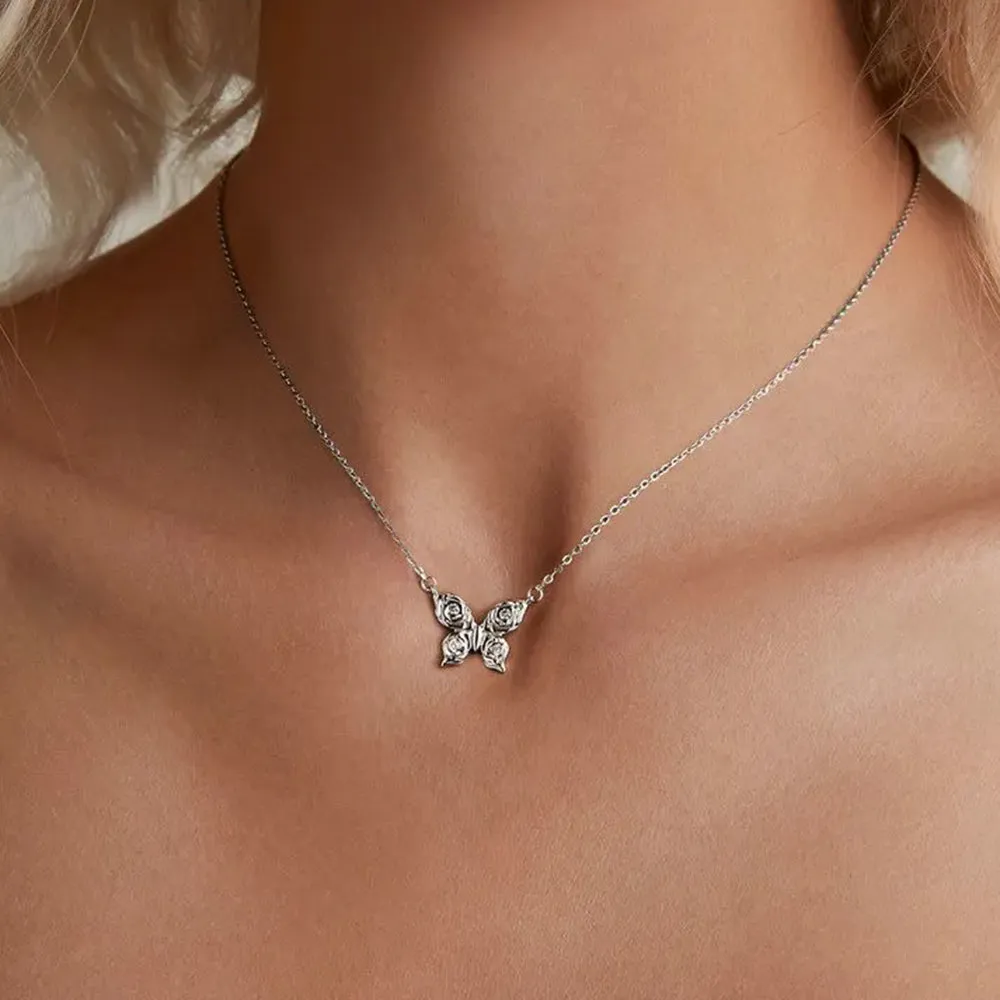 925 Sterling Silver Rose Butterfly Necklace, White Gold Plated Classic Necklace with Cubic Zircon Jewelry Gift for Women