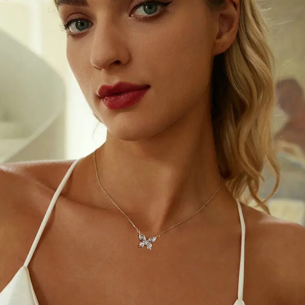 925 Sterling Silver Rose Butterfly Necklace, White Gold Plated Classic Necklace with Cubic Zircon Jewelry Gift for Women