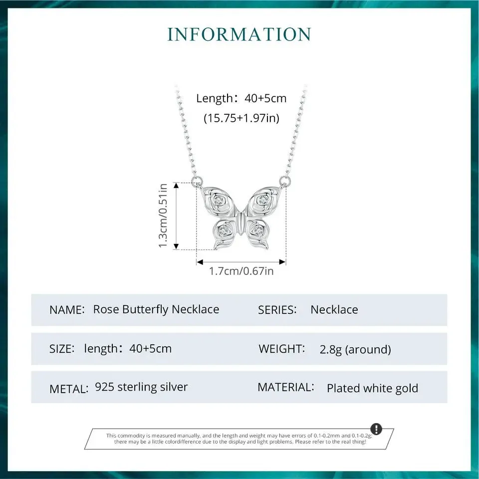 925 Sterling Silver Rose Butterfly Necklace, White Gold Plated Classic Necklace with Cubic Zircon Jewelry Gift for Women