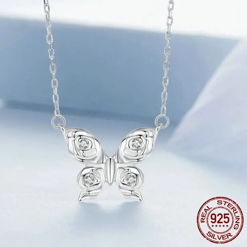 925 Sterling Silver Rose Butterfly Necklace, White Gold Plated Classic Necklace with Cubic Zircon Jewelry Gift for Women