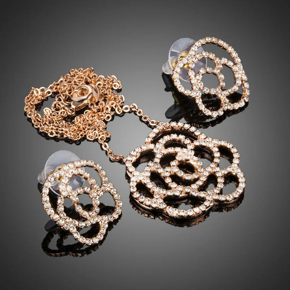 AAA CZ Flower Stud Earrings and Pendant Necklace Set