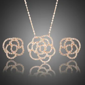 AAA CZ Flower Stud Earrings and Pendant Necklace Set