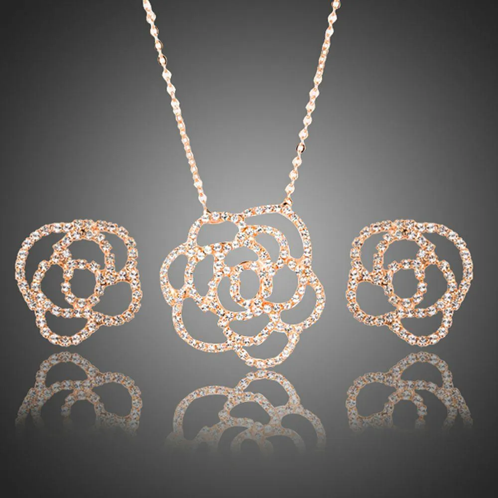 AAA CZ Flower Stud Earrings and Pendant Necklace Set