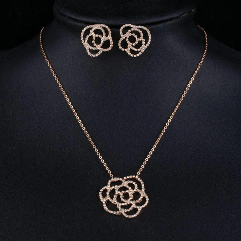 AAA CZ Flower Stud Earrings and Pendant Necklace Set